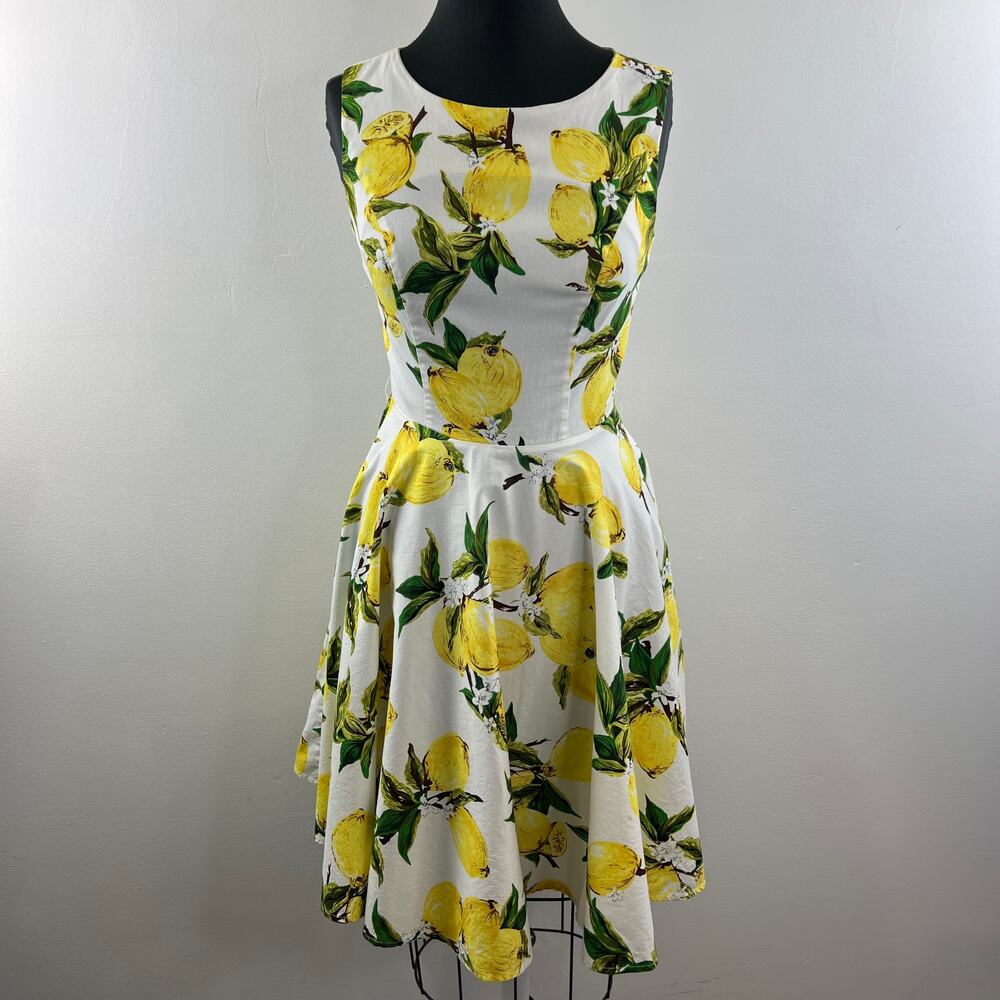 Grace Karin White Yellow S Fit & Flare Dress Floral Round Neck Sleeveless Fitted